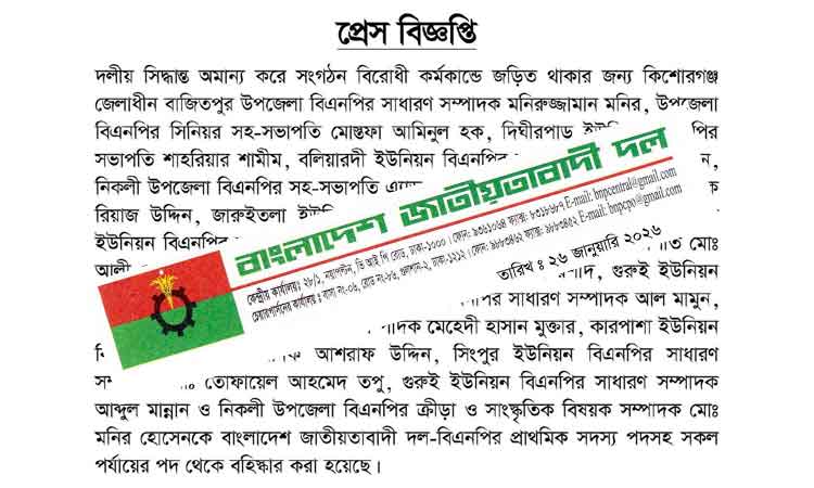 কিশোরগঞ্জে বিএনপি’র ১৭ নেতা বহিষ্কার